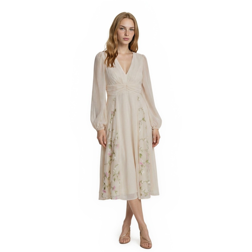 NWT JJ's House Midi Dress Women's Size Small Cream Floral Embroidered Chiffon